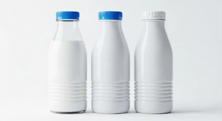 Milk Bottles with Blue and White Caps | Fresh Dairy Product Packaging Mockup for Food and Beverage Marketing
