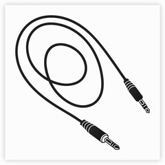 A simple illustration of a black aux cable with a white background and a curved black cable