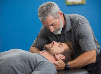 Fototapeta premium Photograph of a grey-haired male physical therapist in his thirties giving a neck massage to a young man on a treatment table. Stock photo, high quality.