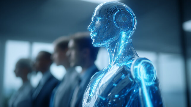 An AI hologram agent representing autonomy and teamwork, standing beside humans in a modern office, symbolizing collaboration between artificial intelligence and human workforce