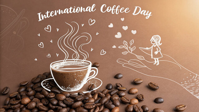 International Coffee Day celebration with steaming coffee cup and scattered beans hot drink beverage