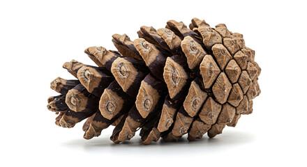 A close-up macro shot of a single, textured pinecone on a clean white background, showcasing its natural detail and organic form.