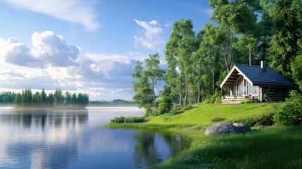 Obraz premium Serene Lakeside Cabin in Nature Surrounded by Lush Greenery