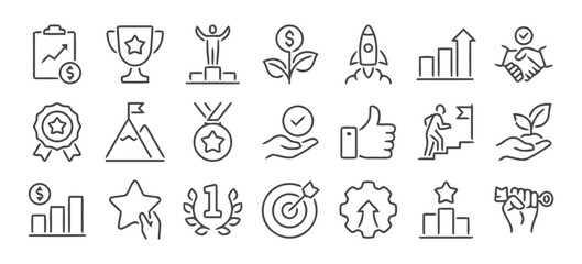 Collection of business success and achievement icons silhouette isolated on white background