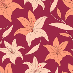 Elegant seamless pattern of delicate lily outlines in a botanical style