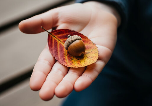 Child Holding a Single Acorn and a Leaf in Their Hand - Powered by Adobe