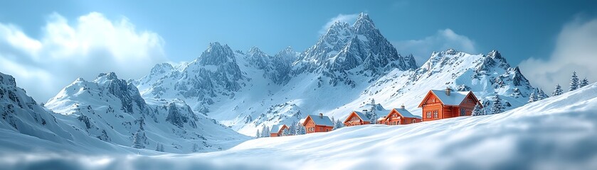 Charming winter village nestled at the foot of a majestic snowy mountain
