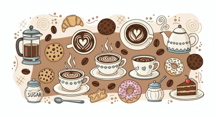 "Cute Coffee Shop Doodles" – Coffee cups, cookies, coffee beans, donuts, and cozy café elements.