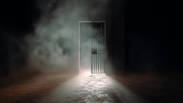 A dimly lit scene featuring an open barred door in a smoky environment, suggesting a sense of escape or freedom, with shadows enhancing the mysterious atmosphere