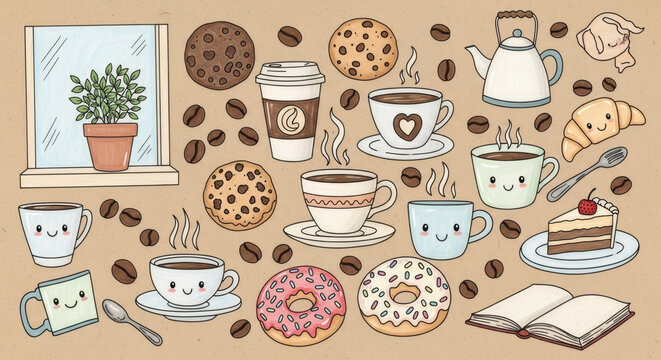 "Cute Coffee Shop Doodles" – Coffee cups, cookies, coffee beans, donuts, and cozy café elements.