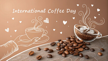 International Coffee Day with two coffee cups and scattered coffee beans on wooden surface celebration