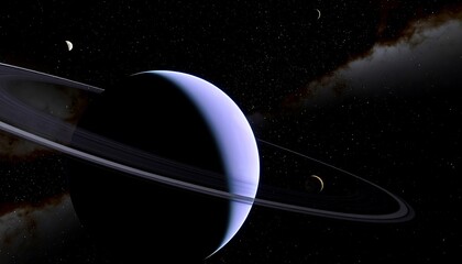 A digitally rendered image of a ringed planet