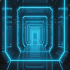 Neon Blue Light Tunnel with Geometric Patterns