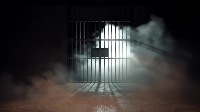 A dimly lit prison cell with an open barred door, fog creeping in, creating an eerie atmosphere that suggests escape and confinement. Ideal for themes of freedom and captivity