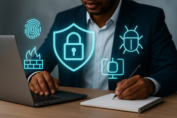 Cybersecurity specialist working on laptop with holographic security icons representing data protection