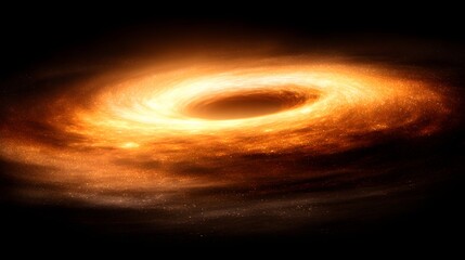 A vibrant depiction of a black hole's intense gravitational pull on surrounding cosmic matter, showcasing swirling orange-hued accretion disk and a dark central void against a deep cosmic background.