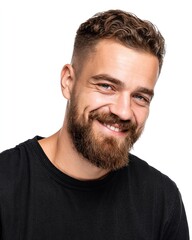 Obraz premium Photograph of a handsome man with a beard, smiling and looking at the camera, isolated on a white background.