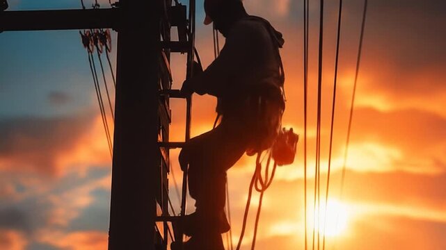 A silhouette of a worker climbing a utility pole against a vibrant sunset, with power lines and dramatic clouds in the background, showcasing the essence of hard work and dedication