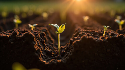 New green seedlings emerge from rich soil, illuminated by warm sunlight, symbolizing growth and renewal in nature