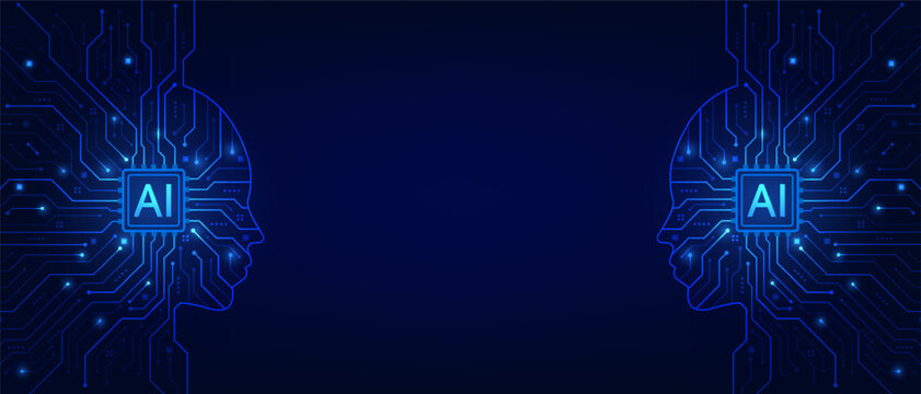 Concept of Artificial Intelligence. Human face on AI chip circuit board. Big data, and machine learning technology. LLM Large Language Model. Generative AI for business support Vector illustration.