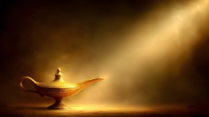Fototapeta premium A golden, ornate genie's lamp sits on a table, bathed in a warm, dramatic light.