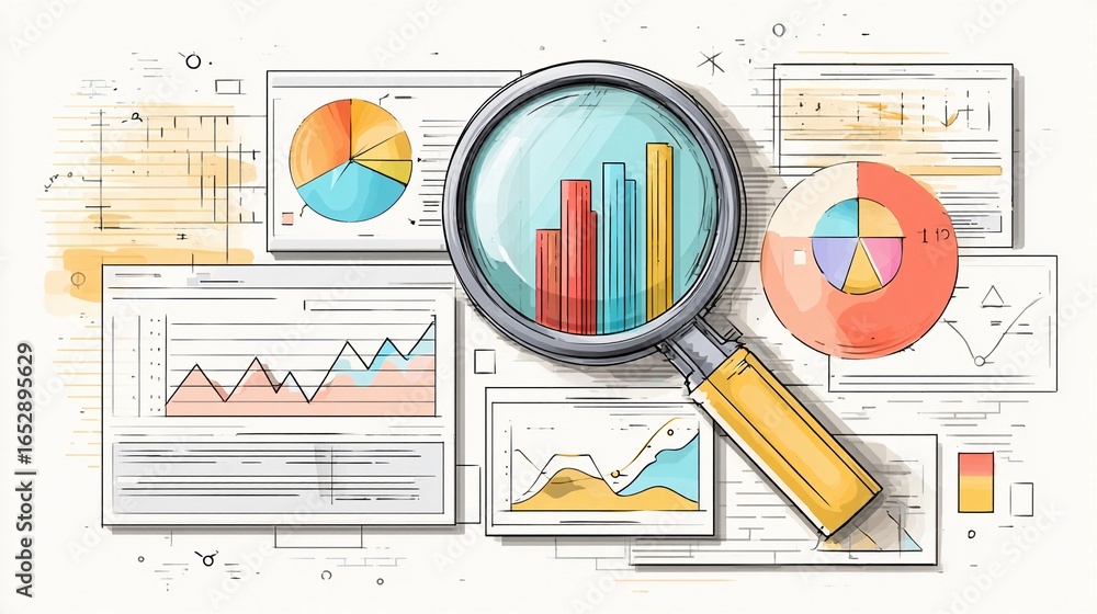 Poster graphic representation of data analysis with charts, graphs, and a magnifying glass on a workspace