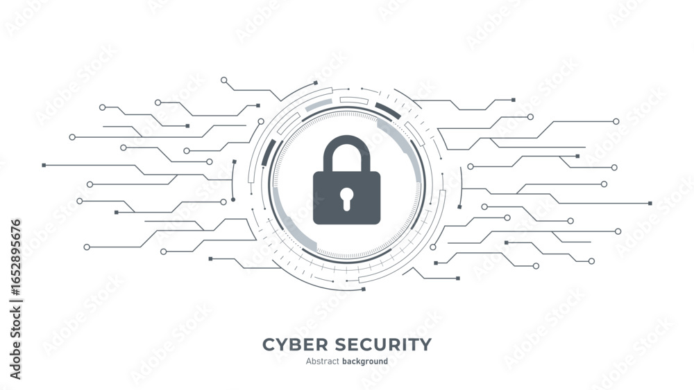Poster concept of cyber security and digital protection technology. padlock on hud frame and circuit board.