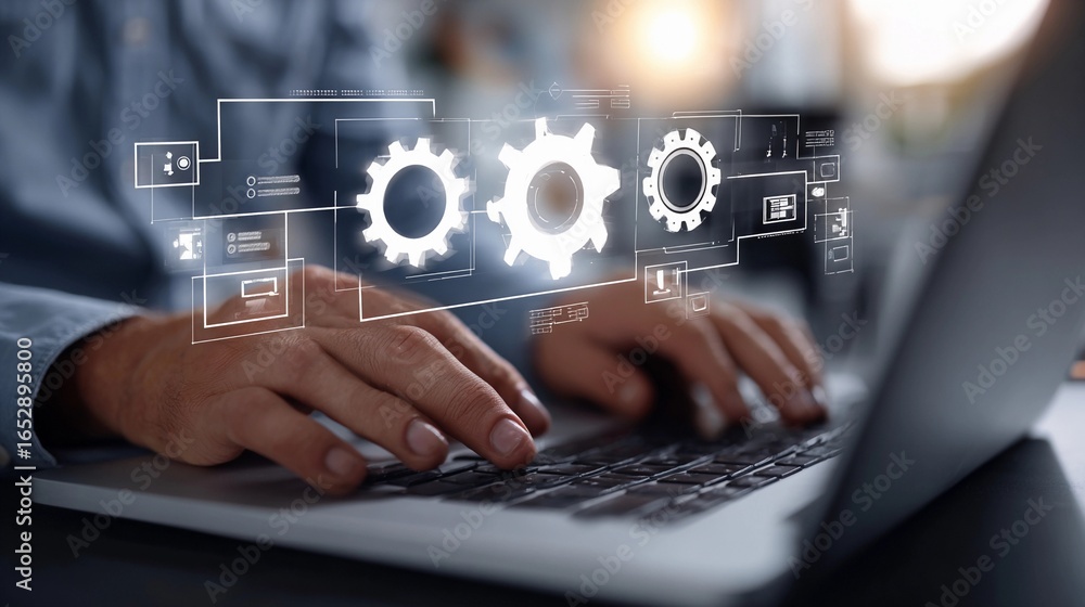 Poster hands working on a laptop with digital gears illustrating technology and automation in a modern work