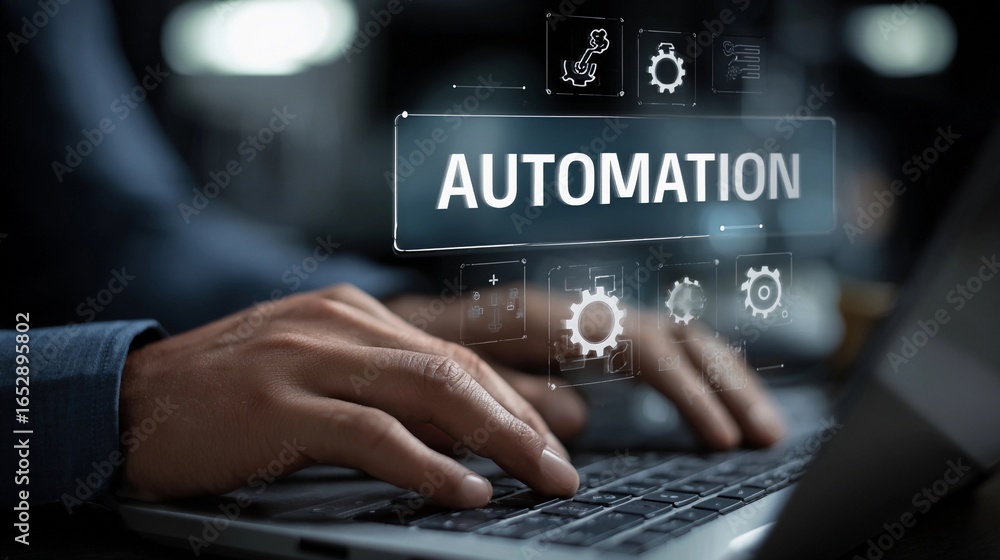 Poster hands typing on a keyboard with automation graphics displayed on a screen illustrating the impact of
