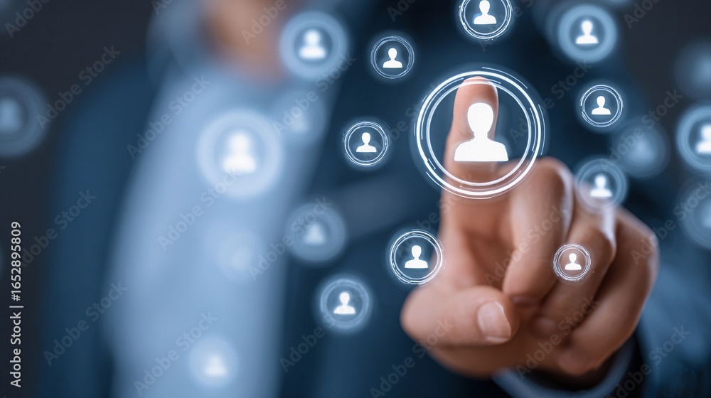 Poster business professional interacts with digital network icons representing connections and collaboratio