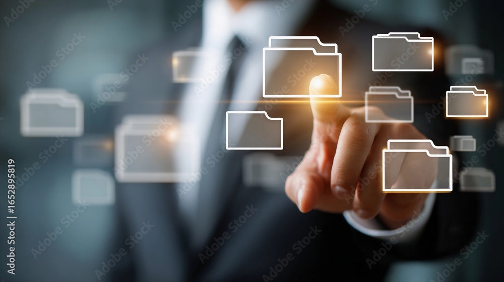 Poster business professional interacts with digital file management system in an office setting, demonstrat