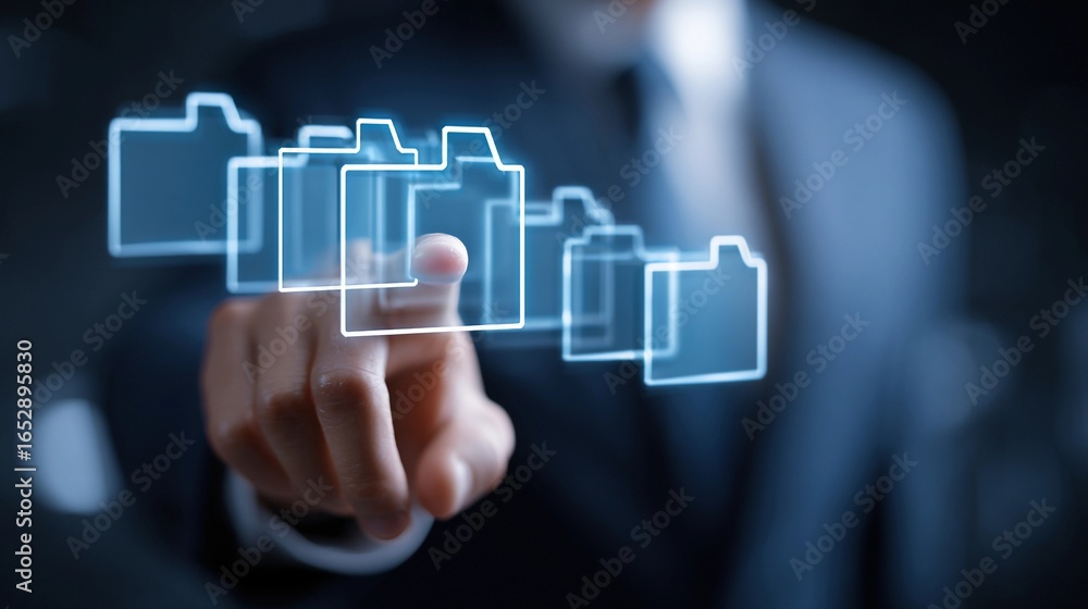 Aufkleber professional in suit interacts with virtual document folders while working on digital organization