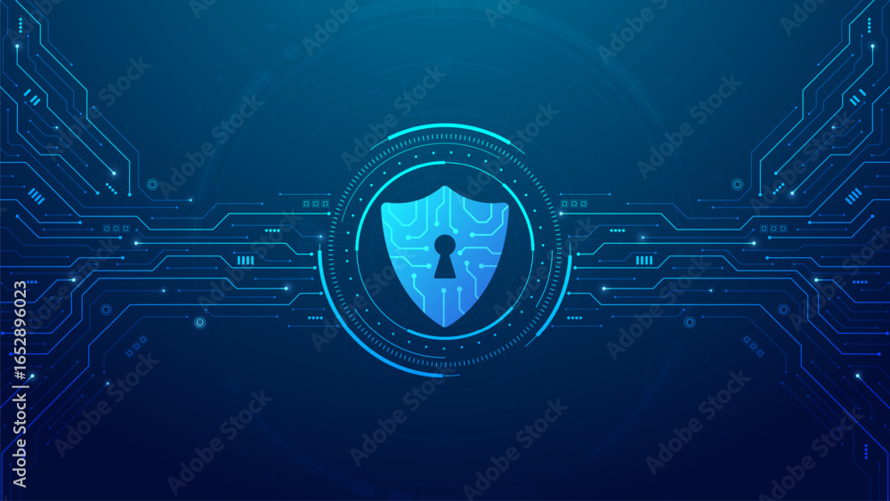 Poster concept of cyber security and digital protection technology. shield on hud frame and circuit board. 
