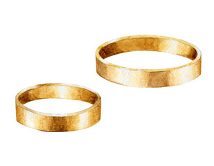 Watercolor hand drawn dark gold wedding rings. Watercolor celebrating clipart. Wedding rings isolated on white background.