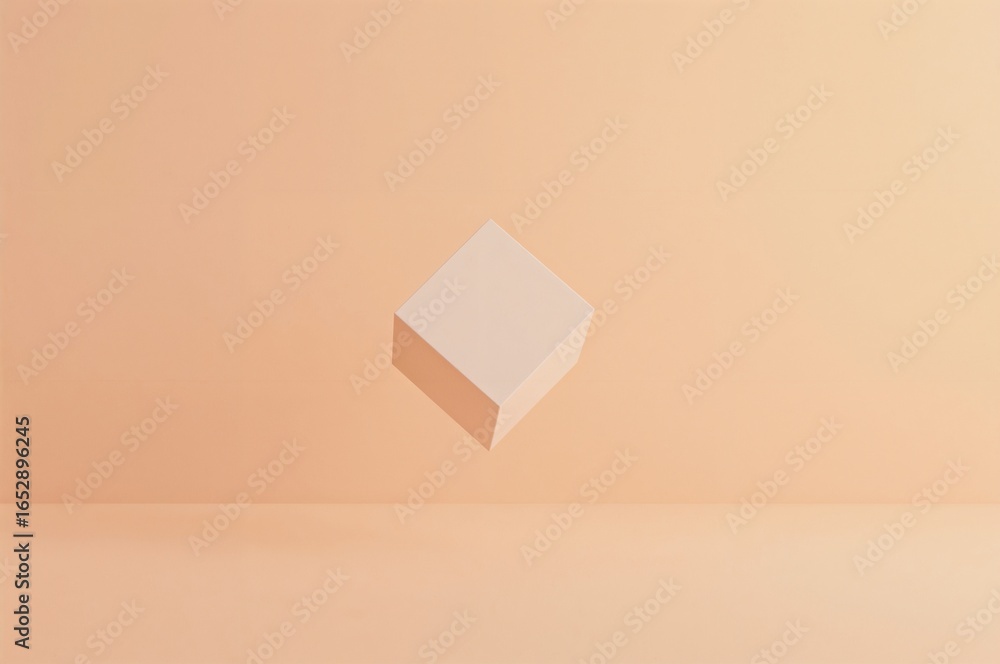 Poster minimalist peach background with a single light beige cube floating centrally
