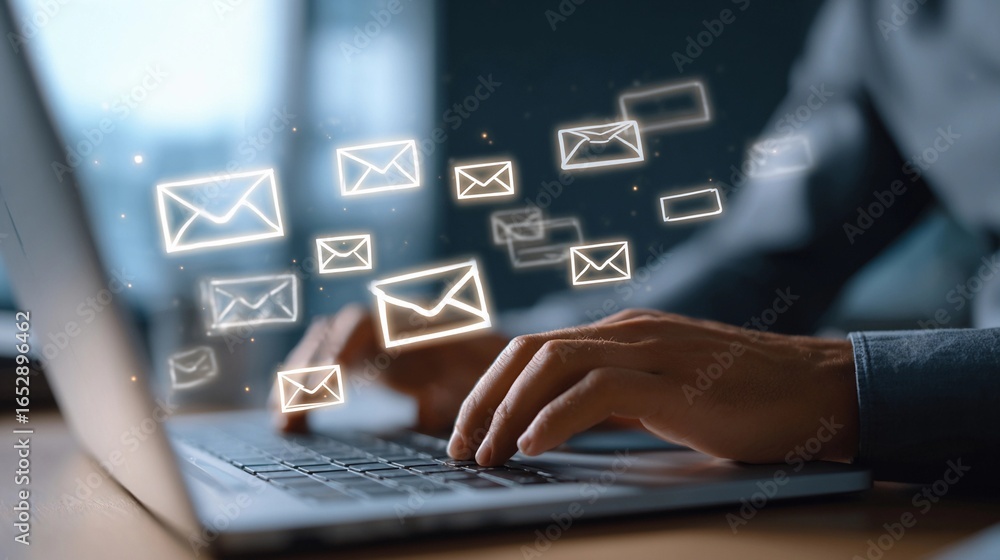 Poster creative professional writing emails while managing multiple communications through digital devices 