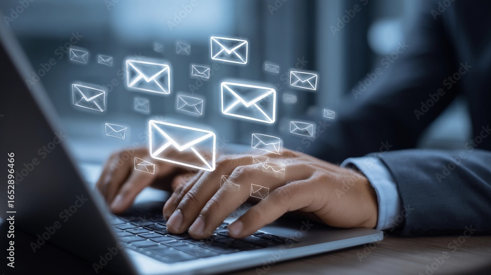 Poster hands typing on a laptop with digital envelopes floating above, symbolizing communication and techno