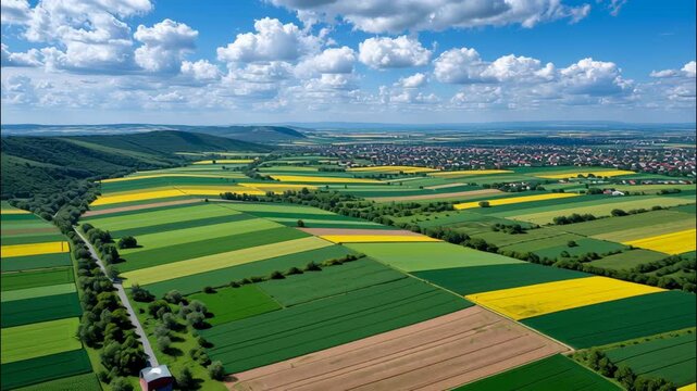 Aerial View of Colorful Agricultural Fields Under a Majestic Sky with White Clouds and Vibrant Landscapes
