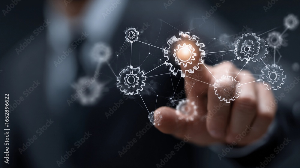 Poster digital innovation in action as a businessman interacts with virtual gears representing automation a