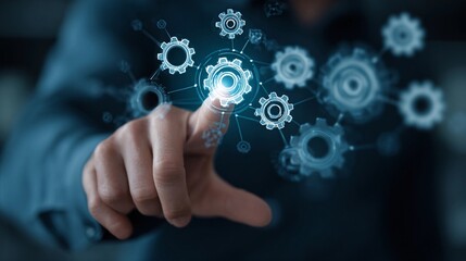 Digital technology interface showcasing a hand interacting with virtual gears and connections in a futuristic setting