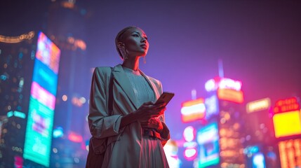 Confident Woman Holding Smartphone Amid Vibrant Neon City Lights During Night Walk