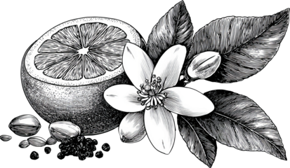 Elegant orange fruit and flower vintage botanical illustration engraving