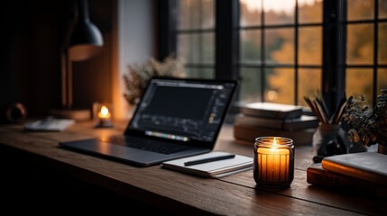 Freelancer home office with candle, laptop, and wide visual space for editing