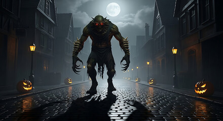Monster with red eyes on a cobblestone street with pumpkins and streetlights under a full moon