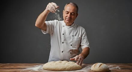 Baker sprinkling flour on dough, artisanal storytelling