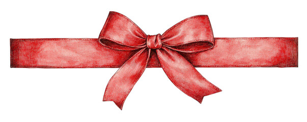 Red watercolor ribbon with bow isolated on transparent background