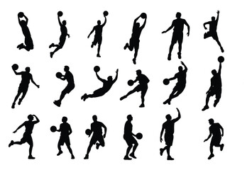 Set of 18 basketball player silhouettes in action—dribbling, shooting, dunking, passing, and jumping to showcase athletic motion and skill