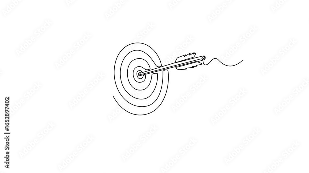 Poster self drawing animation of single line draw a target with one arrow, symbolizing the pursuit of goals