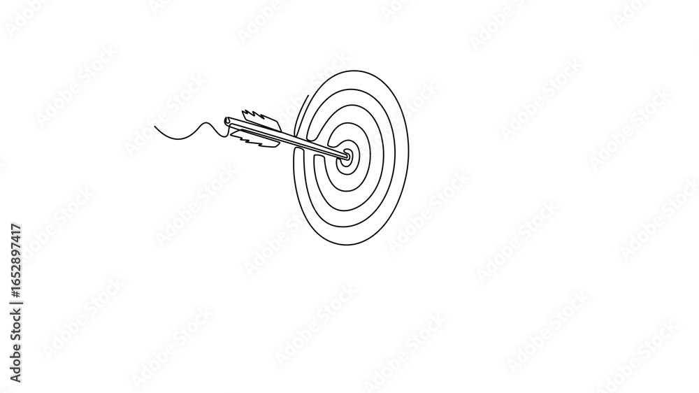 Poster self drawing animation of single line draw a single arrow hits the center of a target. symbolizing p