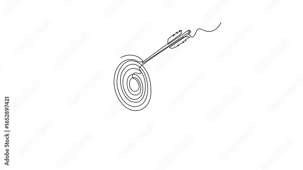 Poster self drawing animation of single line draw a single arrow hits near center of target. symbolizing ac